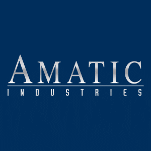Logo displaying "AMATIC INDUSTRIES" in metallic text on dark blue background.
