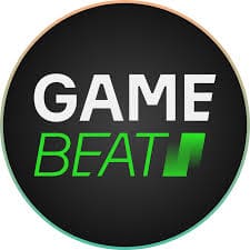 Circular logo with black background, GAME in white, BEAT in green, green sound wave graphic.