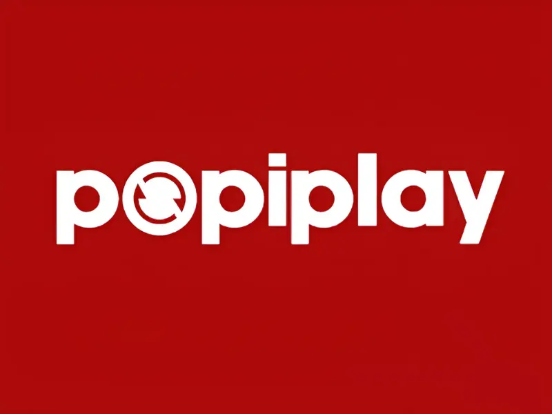 Red background with "popiplay" in white stylized lowercase letters, abstract circle in "o".