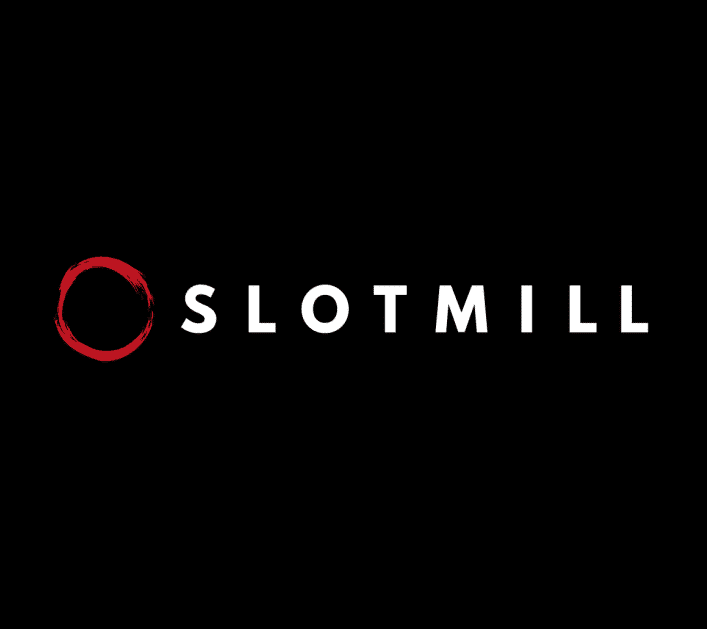 Slotmill logo with white text on black and red circular brushstroke beside the name.