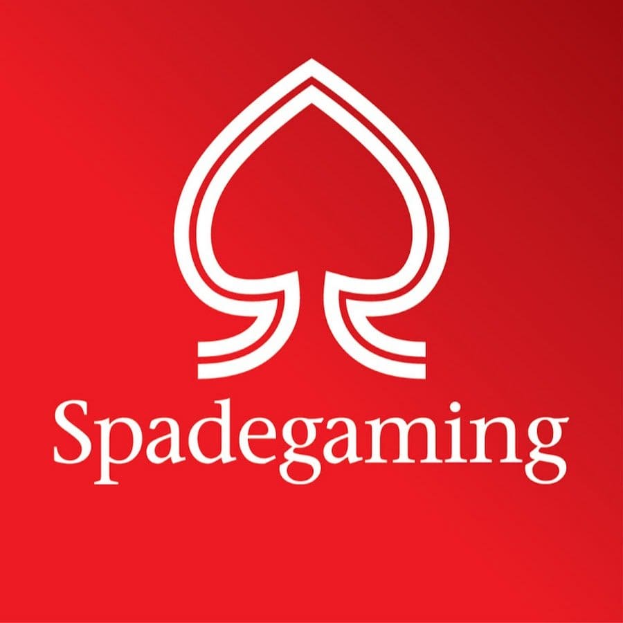 Logo featuring a white spade and "Spadegaming" text on a red background.