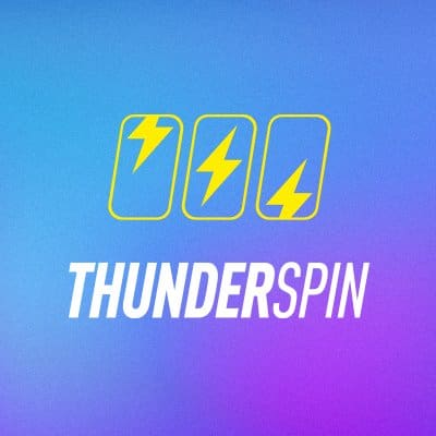 Logo with three yellow lightning bolts and "THUNDERSPIN" on a blue-purple gradient background.